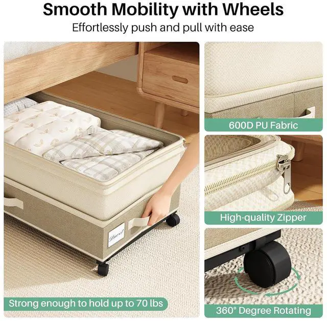 Alt view image 4 of 7 - Kitstorack 2Pack Height-adjustable Under Bed Storage with Wheels, Under Bed Storage Containers,Under Bed Shoe Storage Organizer with Clear Window&Label, Suitable for Clothes Storage, Beige & Linen
