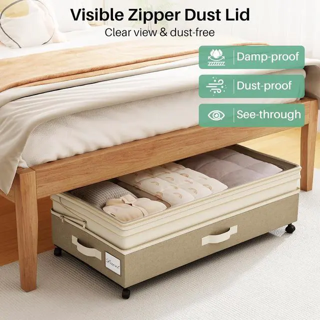 Alt view image 5 of 7 - Kitstorack 2Pack Height-adjustable Under Bed Storage with Wheels, Under Bed Storage Containers,Under Bed Shoe Storage Organizer with Clear Window&Label, Suitable for Clothes Storage, Beige & Linen