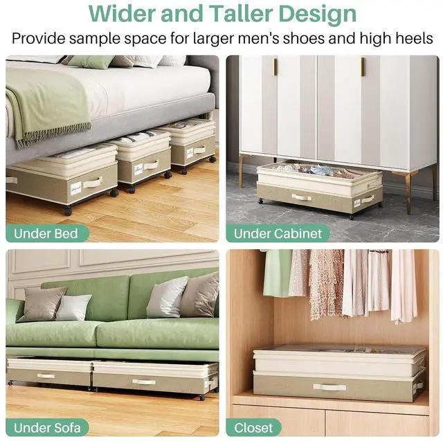 Alt view image 7 of 7 - Kitstorack 2Pack Height-adjustable Under Bed Storage with Wheels, Under Bed Storage Containers,Under Bed Shoe Storage Organizer with Clear Window&Label, Suitable for Clothes Storage, Beige & Linen
