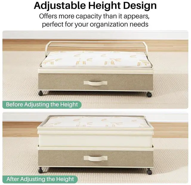 Alt view image 6 of 7 - Kitstorack 2Pack Height-adjustable Under Bed Storage with Wheels, Under Bed Storage Containers,Under Bed Shoe Storage Organizer with Clear Window&Label, Suitable for Clothes Storage, Beige & Linen