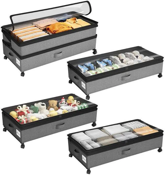 Main image of Kitstorack 4 Pack Height-adjustable Under Bed Storage with Wheels, Under Bed Storage Containers,Under Bed Shoe Storage Organizer with Clear Window&Label, Suitable for Clothes Storage, Gray