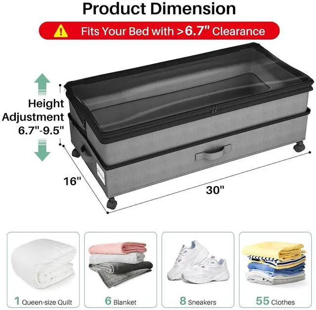Alt view image 2 of 7 - Kitstorack Under Bed Storage with Wheels 2Pack Height-adjustable Under Bed Storage Containers,Under Bed Shoe Storage Organizer with Clear Window&Label, Suitable for Clothes Storage, Gray