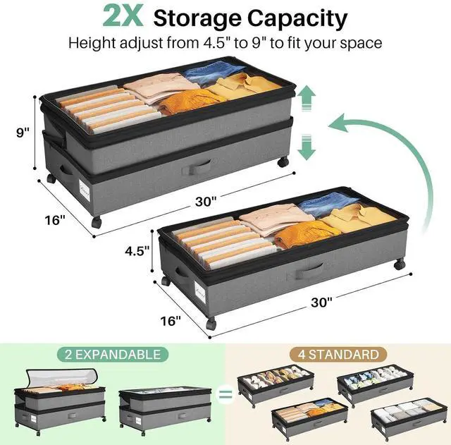 Alt view image 3 of 7 - Kitstorack Under Bed Storage with Wheels 2Pack Height-adjustable Under Bed Storage Containers,Under Bed Shoe Storage Organizer with Clear Window&Label, Suitable for Clothes Storage, Gray