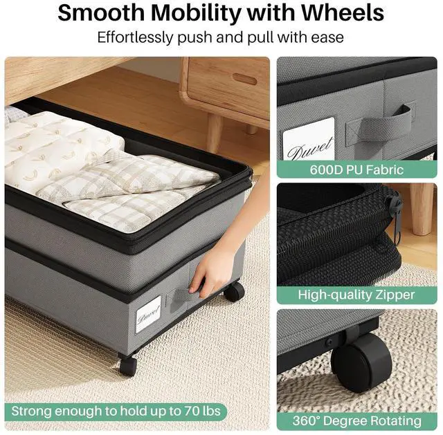 Alt view image 4 of 7 - Kitstorack Under Bed Storage with Wheels 2Pack Height-adjustable Under Bed Storage Containers,Under Bed Shoe Storage Organizer with Clear Window&Label, Suitable for Clothes Storage, Gray