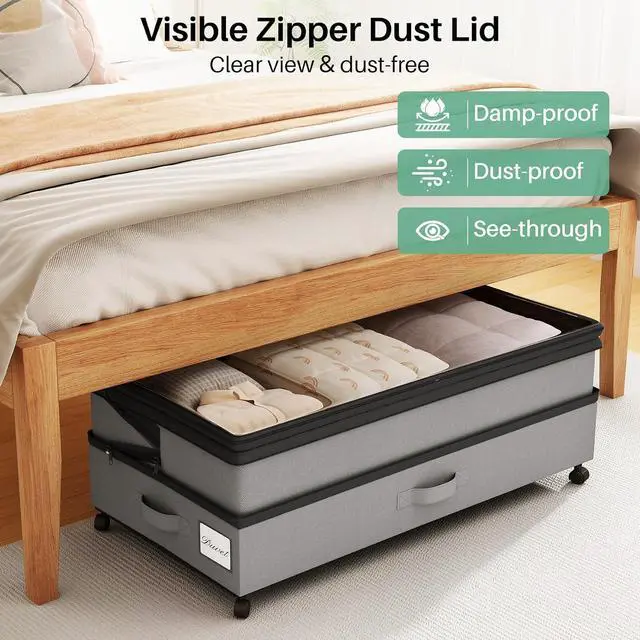 Alt view image 5 of 7 - Kitstorack Under Bed Storage with Wheels 2Pack Height-adjustable Under Bed Storage Containers,Under Bed Shoe Storage Organizer with Clear Window&Label, Suitable for Clothes Storage, Gray