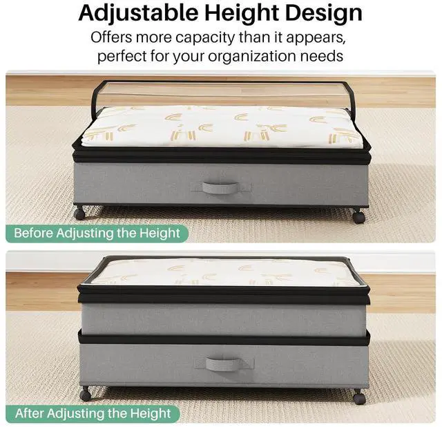 Alt view image 6 of 7 - Kitstorack Under Bed Storage with Wheels 2Pack Height-adjustable Under Bed Storage Containers,Under Bed Shoe Storage Organizer with Clear Window&Label, Suitable for Clothes Storage, Gray
