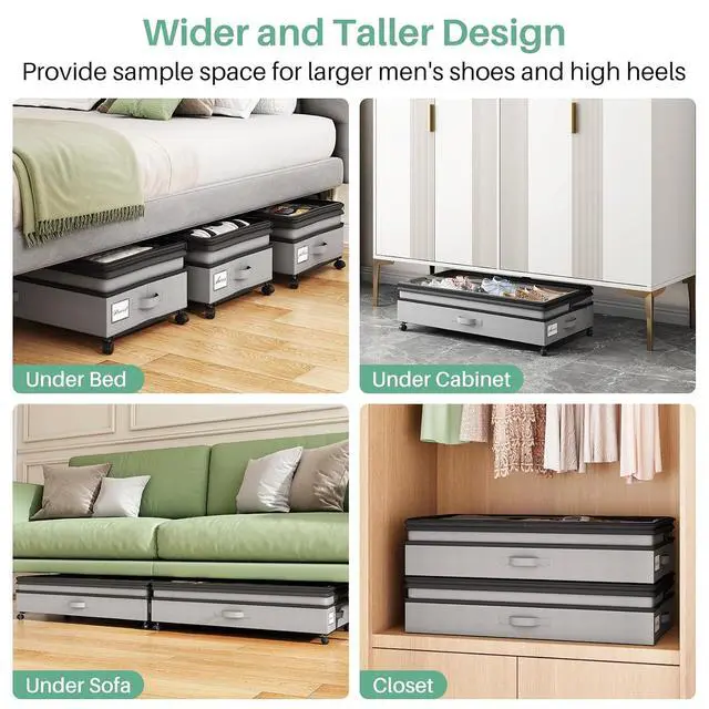 Alt view image 7 of 7 - Kitstorack 4 Pack Height-adjustable Under Bed Storage with Wheels, Under Bed Storage Containers,Under Bed Shoe Storage Organizer with Clear Window&Label, Suitable for Clothes Storage, Gray