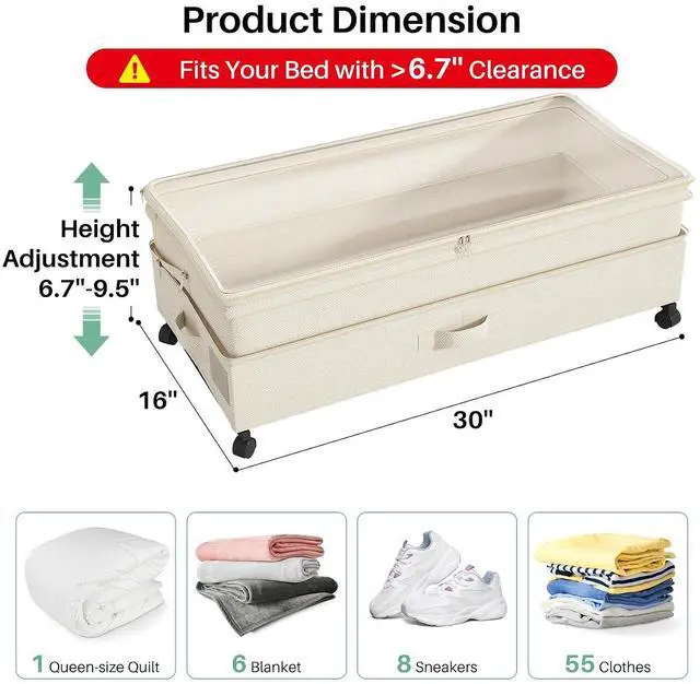 Alt view image 2 of 7 - Kitstorack 4 Pack Height-adjustable Under Bed Storage with Wheels, Under Bed Storage Containers,Under Bed Shoe Storage Organizer with Clear Window&Label, Suitable for Clothes Storage, Beige