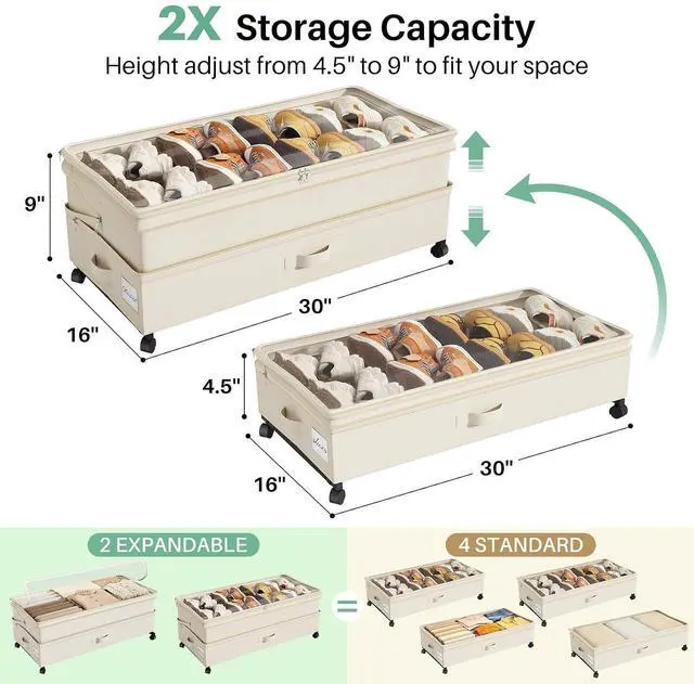 Alt view image 3 of 7 - Kitstorack 4 Pack Height-adjustable Under Bed Storage with Wheels, Under Bed Storage Containers,Under Bed Shoe Storage Organizer with Clear Window&Label, Suitable for Clothes Storage, Beige