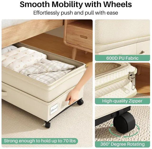 Alt view image 4 of 7 - Kitstorack 4 Pack Height-adjustable Under Bed Storage with Wheels, Under Bed Storage Containers,Under Bed Shoe Storage Organizer with Clear Window&Label, Suitable for Clothes Storage, Beige