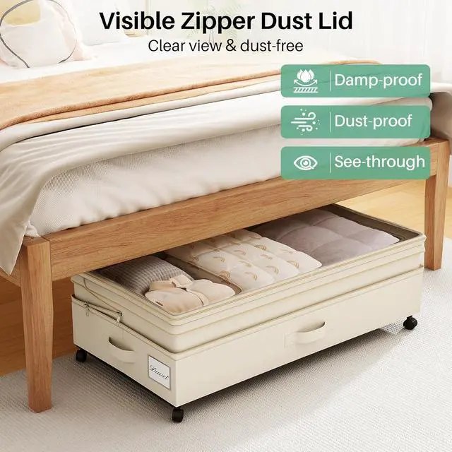 Alt view image 5 of 7 - Kitstorack 4 Pack Height-adjustable Under Bed Storage with Wheels, Under Bed Storage Containers,Under Bed Shoe Storage Organizer with Clear Window&Label, Suitable for Clothes Storage, Beige