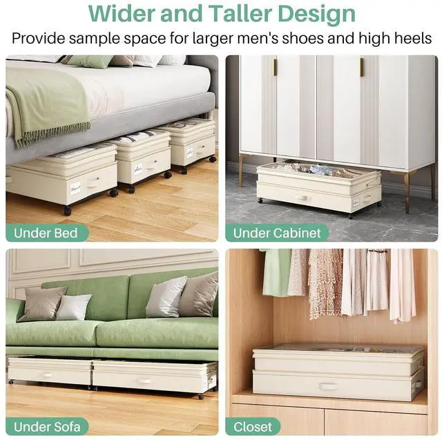 Alt view image 7 of 7 - Kitstorack 4 Pack Height-adjustable Under Bed Storage with Wheels, Under Bed Storage Containers,Under Bed Shoe Storage Organizer with Clear Window&Label, Suitable for Clothes Storage, Beige