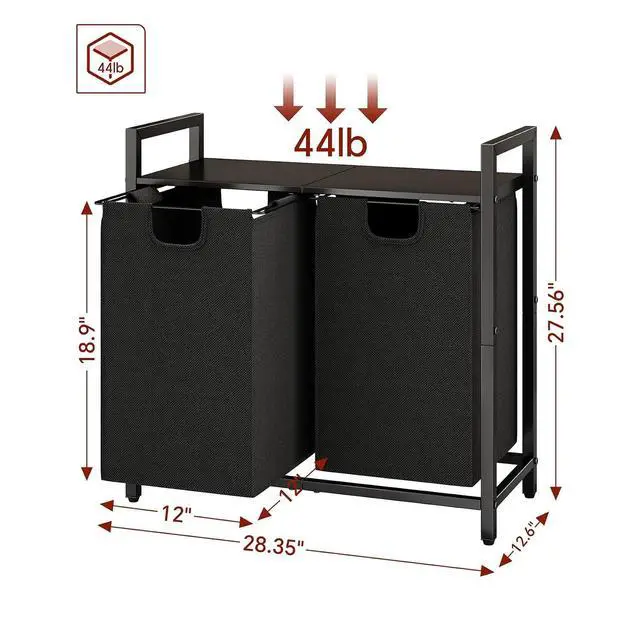 Alt view image 2 of 7 - Kitstorack Laundry Basket Organizer, Laundry Hamper with Shelf & 2 Pull-Out Removable Bags, Dirty Clothes Hamper Organizer for Laundry Room Bathroom and Dorm, 2 x 11.8 gallons (44.5L)