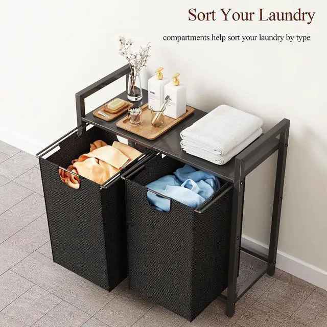Alt view image 6 of 7 - Kitstorack Laundry Basket Organizer, Laundry Hamper with Shelf & 2 Pull-Out Removable Bags, Dirty Clothes Hamper Organizer for Laundry Room Bathroom and Dorm, 2 x 11.8 gallons (44.5L)