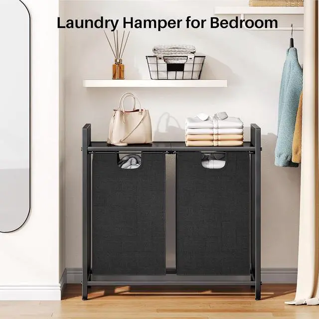 Alt view image 7 of 7 - Kitstorack Laundry Basket Organizer, Laundry Hamper with Shelf & 2 Pull-Out Removable Bags, Dirty Clothes Hamper Organizer for Laundry Room Bathroom and Dorm, 2 x 11.8 gallons (44.5L)