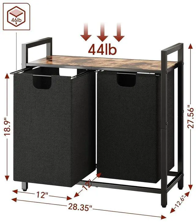 Alt view image 2 of 7 - Kitstorack Laundry Basket Organizer, Laundry Hamper with Shelf & 2 Pull-Out Removable Bags, Dirty Clothes Hamper Organizer for Laundry Room Bathroom and Dorm, 2 x 11.8 gallons (44.5L)