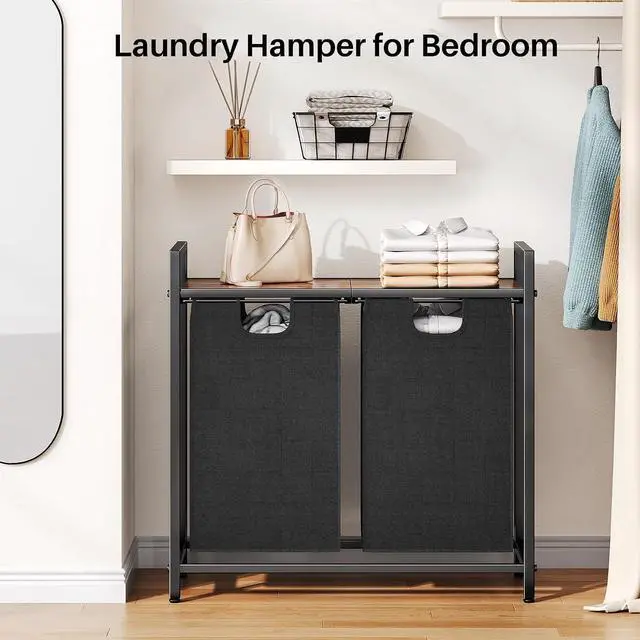 Alt view image 7 of 7 - Kitstorack Laundry Basket Organizer, Laundry Hamper with Shelf & 2 Pull-Out Removable Bags, Dirty Clothes Hamper Organizer for Laundry Room Bathroom and Dorm, 2 x 11.8 gallons (44.5L)