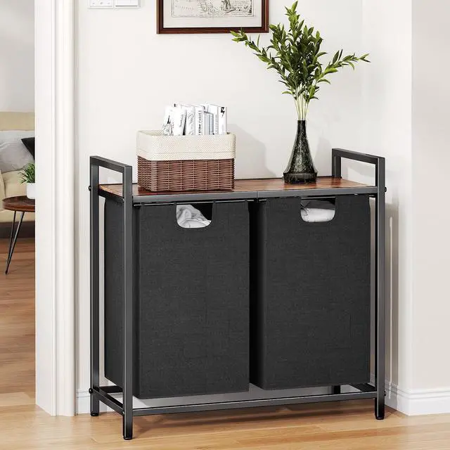 Alt view image 6 of 7 - Kitstorack Laundry Basket Organizer, Laundry Hamper with Shelf & 2 Pull-Out Removable Bags, Dirty Clothes Hamper Organizer for Laundry Room Bathroom and Dorm, 2 x 11.8 gallons (44.5L)