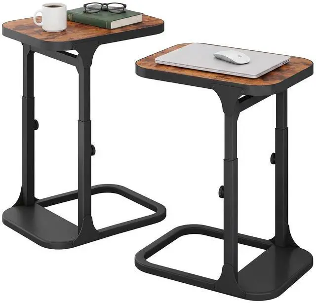 Main image of Kitstorack Height Adjustable End Table 2 Pack, Small Side Table for Couch, Sofa Table with Metal Frame for Living Room, Bedroom, Bedside C Shaped Table,Brown