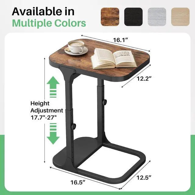 Alt view image 3 of 7 - Kitstorack Height Adjustable End Table 2 Pack, Small Side Table for Couch, Sofa Table with Metal Frame for Living Room, Bedroom, Bedside C Shaped Table,Brown