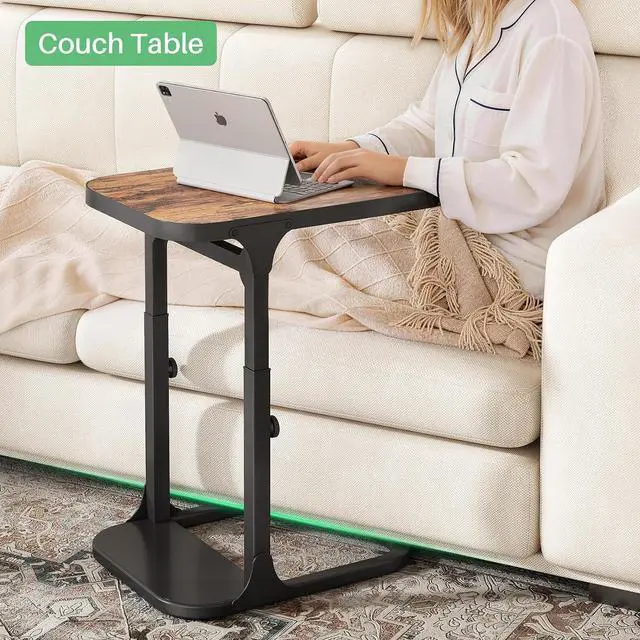 Alt view image 6 of 7 - Kitstorack Height Adjustable End Table 2 Pack, Small Side Table for Couch, Sofa Table with Metal Frame for Living Room, Bedroom, Bedside C Shaped Table,Brown