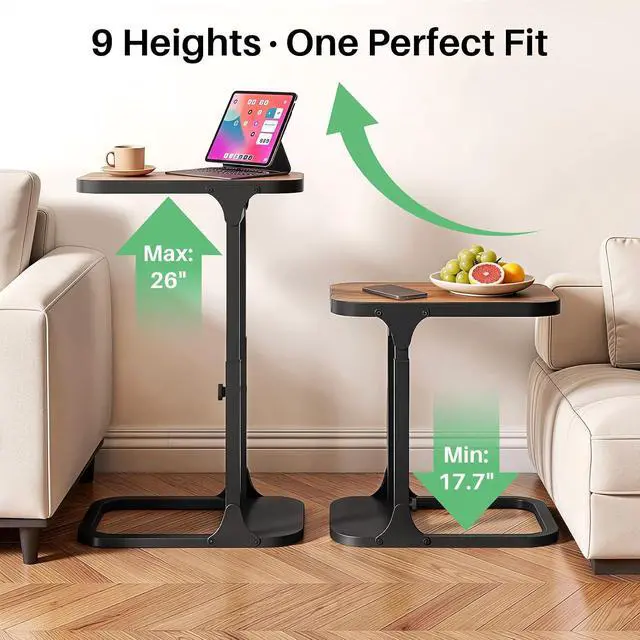 Alt view image 4 of 7 - Kitstorack Height Adjustable End Table 2 Pack, Small Side Table for Couch, Sofa Table with Metal Frame for Living Room, Bedroom, Bedside C Shaped Table,Brown
