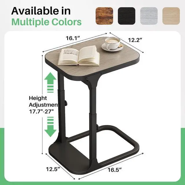 Alt view image 3 of 7 - Kitstorack Height Adjustable End Table 2 Pack, Small Side Table for Couch, Sofa Table with Metal Frame for Living Room, Bedroom, Bedside C Shaped Table,Greige