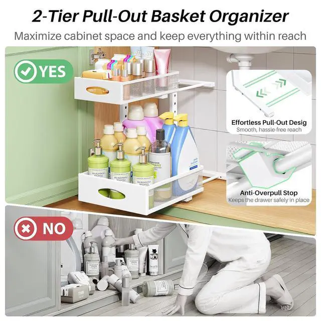 Alt view image 4 of 7 - Under Sink Organizer, 2-Pack Pull Out Cabinet Organizer 2 Tier Metal Slide Out Storage Shelf Rack, L-Shaped Adjustable Height,Mesh Sliding Drawer for Kitchen, Bathroom, Laundry, Pantry, White, XL