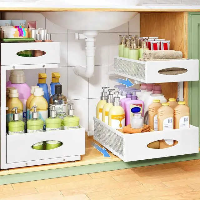 Main image of Under Sink Organizer, 2-Pack Pull Out Cabinet Organizer 2 Tier Metal Slide Out Storage Shelf Rack, L-Shaped Adjustable Height,Mesh Sliding Drawer for Kitchen, Bathroom, Laundry, Pantry, White, XL
