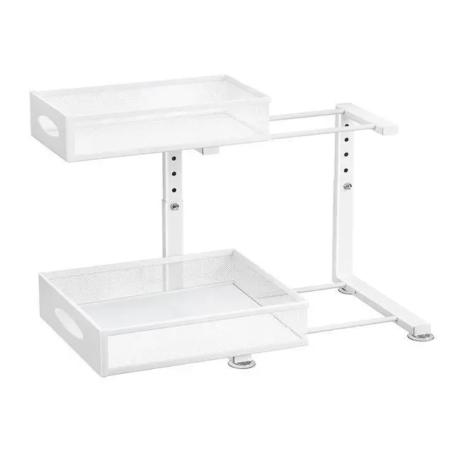 Alt view image 4 of 6 - Under Sink Organizer, 1-Pack Pull Out Cabinet Organizer 2 Tier Metal Slide Out Storage Shelf Rack, L-Shaped Adjustable Height,Mesh Sliding Drawer for Kitchen, Bathroom, Laundry, Pantry, White, XL