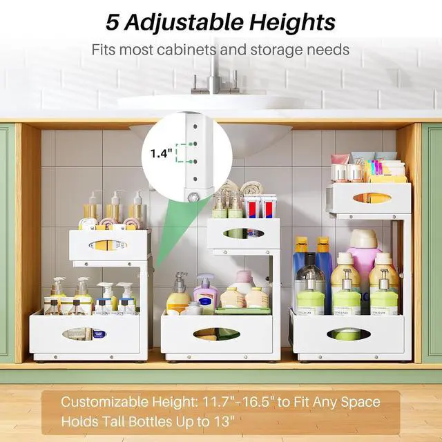 Alt view image 5 of 7 - Under Sink Organizer, 2-Pack Pull Out Cabinet Organizer 2 Tier Metal Slide Out Storage Shelf Rack, L-Shaped Adjustable Height,Mesh Sliding Drawer for Kitchen, Bathroom, Laundry, Pantry, White, XL