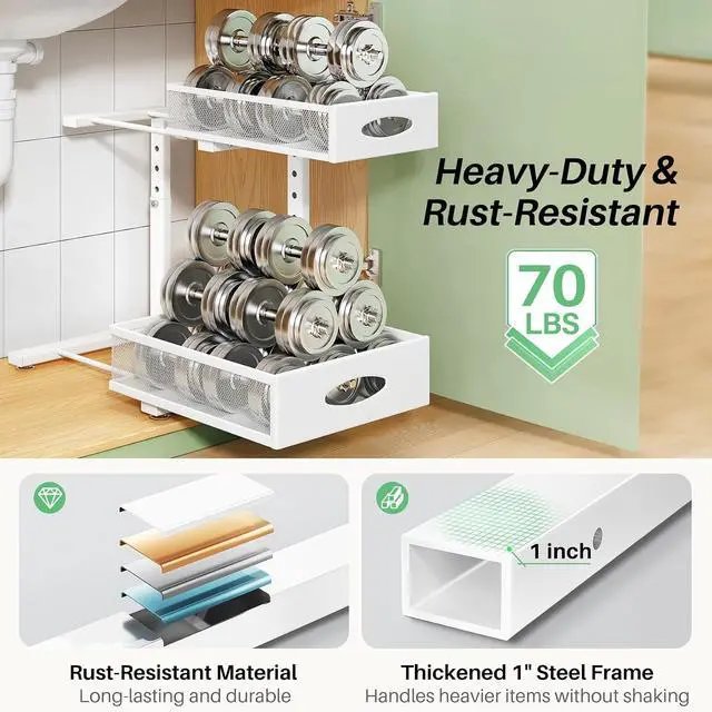 Alt view image 6 of 7 - Under Sink Organizer, 2-Pack Pull Out Cabinet Organizer 2 Tier Metal Slide Out Storage Shelf Rack, L-Shaped Adjustable Height,Mesh Sliding Drawer for Kitchen, Bathroom, Laundry, Pantry, White, XL