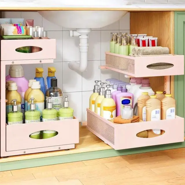 Main image of Under Sink Organizer, 2-Pack Pull Out Cabinet Organizer 2 Tier Metal Slide Out Storage Shelf Rack, L-Shaped Adjustable Height,Mesh Sliding Drawer for Kitchen, Bathroom, Laundry, Pantry, Pink, XL