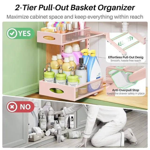 Alt view image 4 of 7 - Under Sink Organizer, 2-Pack Pull Out Cabinet Organizer 2 Tier Metal Slide Out Storage Shelf Rack, L-Shaped Adjustable Height,Mesh Sliding Drawer for Kitchen, Bathroom, Laundry, Pantry, Pink, XL