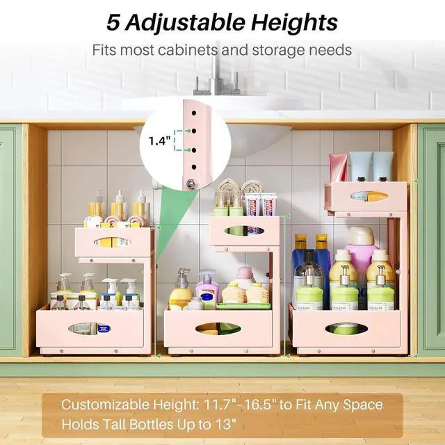 Alt view image 5 of 7 - Under Sink Organizer, 2-Pack Pull Out Cabinet Organizer 2 Tier Metal Slide Out Storage Shelf Rack, L-Shaped Adjustable Height,Mesh Sliding Drawer for Kitchen, Bathroom, Laundry, Pantry, Pink, XL