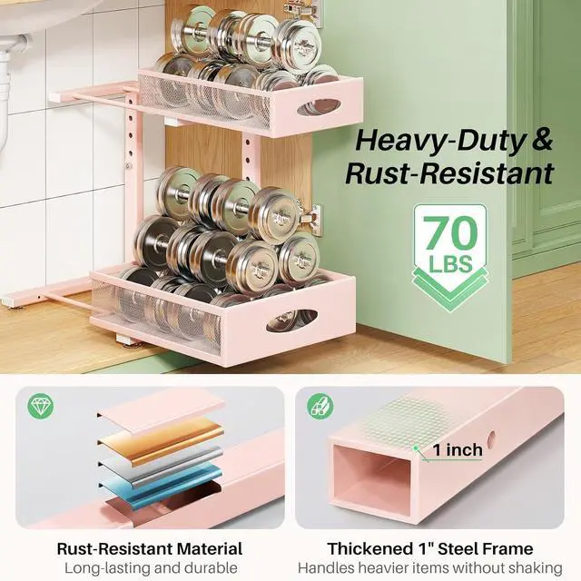 Alt view image 6 of 7 - Under Sink Organizer, 2-Pack Pull Out Cabinet Organizer 2 Tier Metal Slide Out Storage Shelf Rack, L-Shaped Adjustable Height,Mesh Sliding Drawer for Kitchen, Bathroom, Laundry, Pantry, Pink, XL
