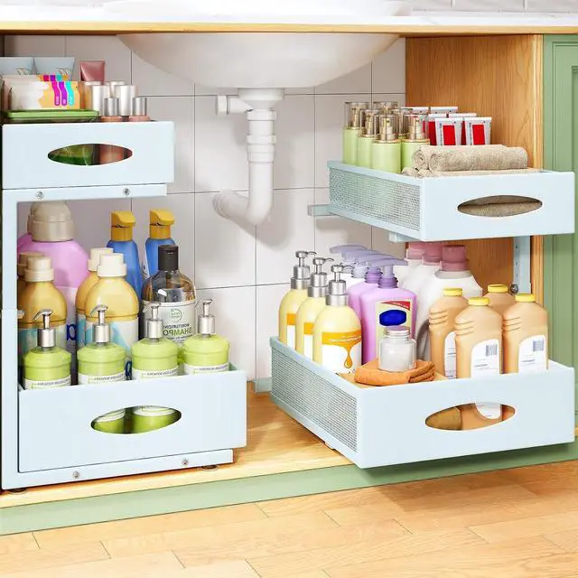 Main image of Under Sink Organizer, 2-Pack Pull Out Cabinet Organizer 2 Tier Metal Slide Out Storage Shelf Rack, L-Shaped Adjustable Height,Mesh Sliding Drawer for Kitchen, Bathroom, Laundry, Pantry, Blue, XL