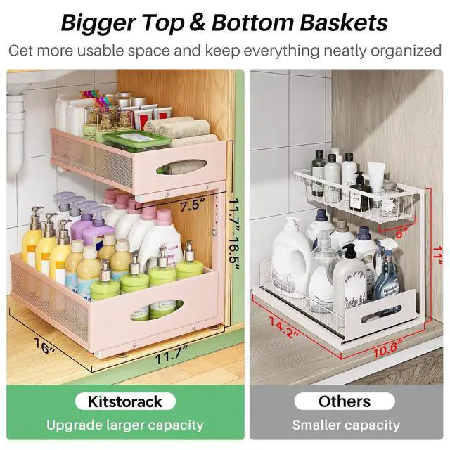Alt view image 3 of 7 - Under Sink Organizer, 2-Pack Pull Out Cabinet Organizer 2 Tier Metal Slide Out Storage Shelf Rack, L-Shaped Adjustable Height,Mesh Sliding Drawer for Kitchen, Bathroom, Laundry, Pantry, Pink, XL