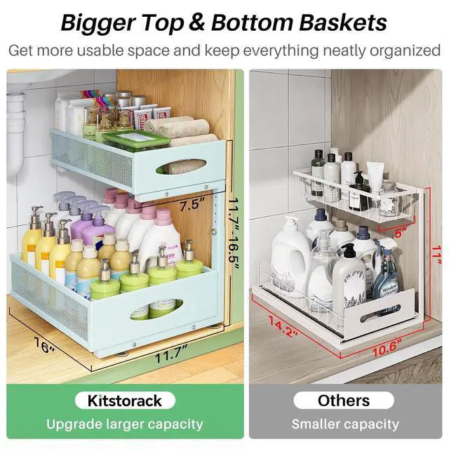 Alt view image 3 of 7 - Under Sink Organizer, 2-Pack Pull Out Cabinet Organizer 2 Tier Metal Slide Out Storage Shelf Rack, L-Shaped Adjustable Height,Mesh Sliding Drawer for Kitchen, Bathroom, Laundry, Pantry, Blue, XL