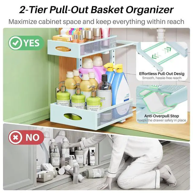 Alt view image 4 of 7 - Under Sink Organizer, 2-Pack Pull Out Cabinet Organizer 2 Tier Metal Slide Out Storage Shelf Rack, L-Shaped Adjustable Height,Mesh Sliding Drawer for Kitchen, Bathroom, Laundry, Pantry, Blue, XL