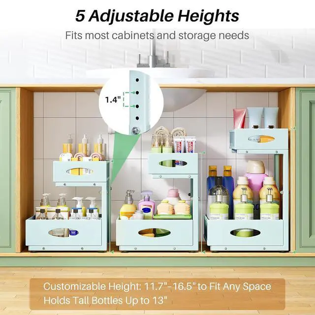 Alt view image 5 of 7 - Under Sink Organizer, 2-Pack Pull Out Cabinet Organizer 2 Tier Metal Slide Out Storage Shelf Rack, L-Shaped Adjustable Height,Mesh Sliding Drawer for Kitchen, Bathroom, Laundry, Pantry, Blue, XL