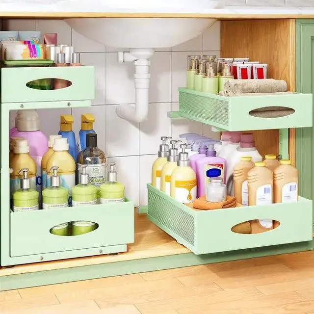Main image of Under Sink Organizer, 1-Pack Pull Out Cabinet Organizer 2 Tier Metal Slide Out Storage Shelf Rack, L-Shaped Adjustable Height,Mesh Sliding Drawer for Kitchen, Bathroom, Laundry, Pantry, Green, XL