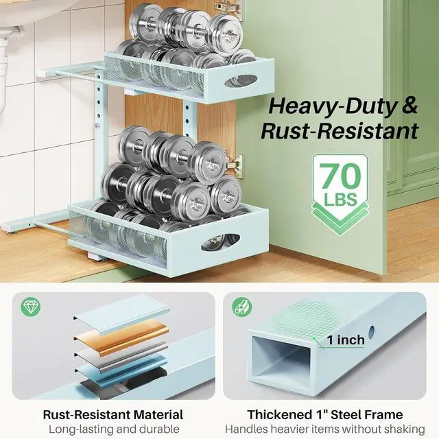 Alt view image 6 of 7 - Under Sink Organizer, 2-Pack Pull Out Cabinet Organizer 2 Tier Metal Slide Out Storage Shelf Rack, L-Shaped Adjustable Height,Mesh Sliding Drawer for Kitchen, Bathroom, Laundry, Pantry, Blue, XL