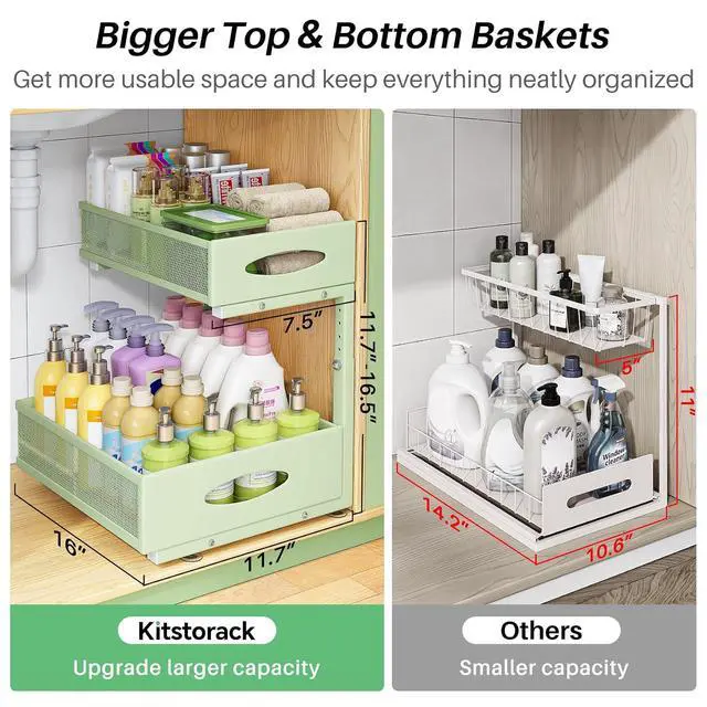 Alt view image 3 of 7 - Under Sink Organizer, 1-Pack Pull Out Cabinet Organizer 2 Tier Metal Slide Out Storage Shelf Rack, L-Shaped Adjustable Height,Mesh Sliding Drawer for Kitchen, Bathroom, Laundry, Pantry, Green, XL