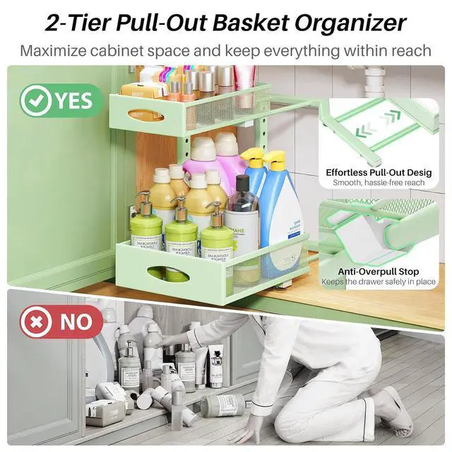 Alt view image 4 of 7 - Under Sink Organizer, 1-Pack Pull Out Cabinet Organizer 2 Tier Metal Slide Out Storage Shelf Rack, L-Shaped Adjustable Height,Mesh Sliding Drawer for Kitchen, Bathroom, Laundry, Pantry, Green, XL