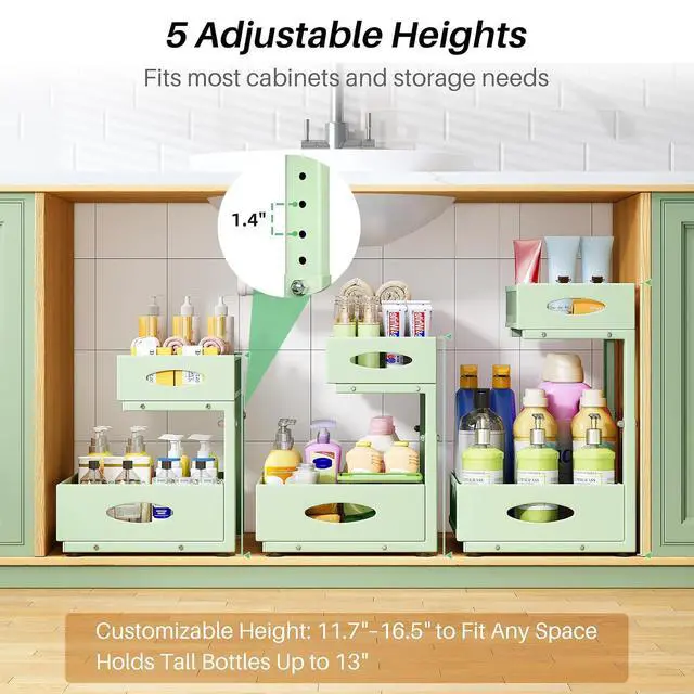 Alt view image 5 of 7 - Under Sink Organizer, 1-Pack Pull Out Cabinet Organizer 2 Tier Metal Slide Out Storage Shelf Rack, L-Shaped Adjustable Height,Mesh Sliding Drawer for Kitchen, Bathroom, Laundry, Pantry, Green, XL