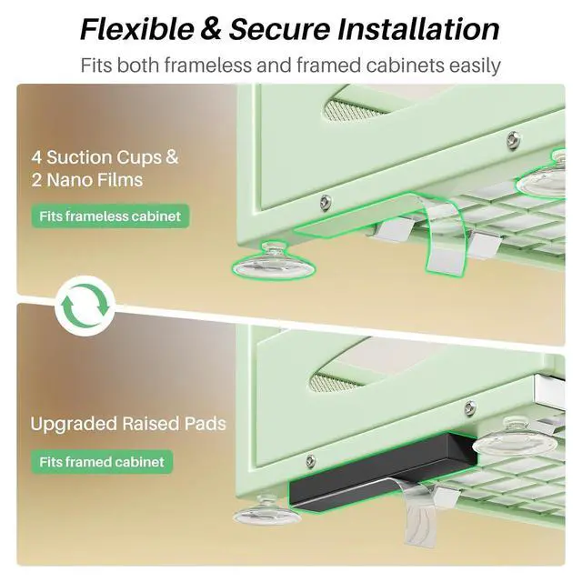 Alt view image 7 of 7 - Under Sink Organizer, 1-Pack Pull Out Cabinet Organizer 2 Tier Metal Slide Out Storage Shelf Rack, L-Shaped Adjustable Height,Mesh Sliding Drawer for Kitchen, Bathroom, Laundry, Pantry, Green, XL