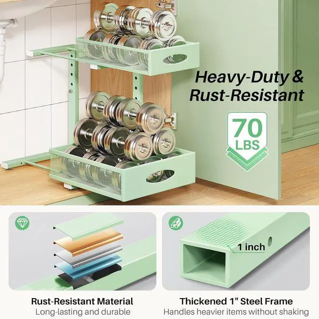 Alt view image 6 of 7 - Under Sink Organizer, 1-Pack Pull Out Cabinet Organizer 2 Tier Metal Slide Out Storage Shelf Rack, L-Shaped Adjustable Height,Mesh Sliding Drawer for Kitchen, Bathroom, Laundry, Pantry, Green, XL