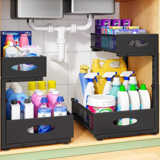 Main image of Under Sink Organizer, 2-Pack Pull Out Cabinet Organizer 2 Tier Metal Slide Out Storage Shelf Rack, L-Shaped Adjustable Height,Mesh Sliding Drawer for Kitchen, Bathroom, Laundry, Pantry, Black, XL