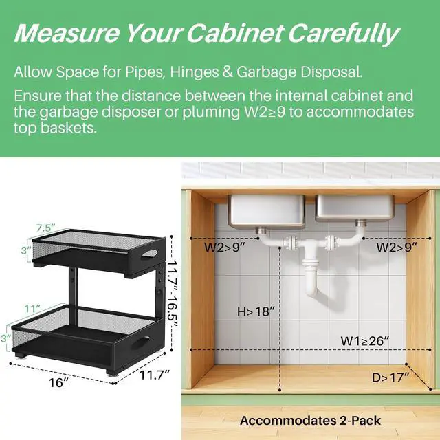 Alt view image 2 of 7 - Under Sink Organizer, 2-Pack Pull Out Cabinet Organizer 2 Tier Metal Slide Out Storage Shelf Rack, L-Shaped Adjustable Height,Mesh Sliding Drawer for Kitchen, Bathroom, Laundry, Pantry, Black, XL